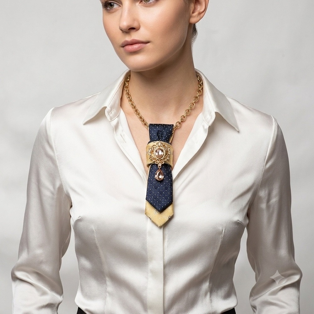 Upcycled Silk Tie Statement Necklace & Lapel Pin Set Navy Gold Izod Perry Ellis - Picture 5 of 10